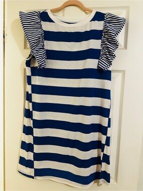 Women’s Navy and White Striped Ruffle Sleeve Dress